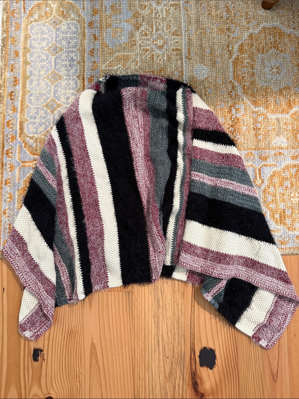Amazon Striped Knit Poncho in Black, Cream & Mauve